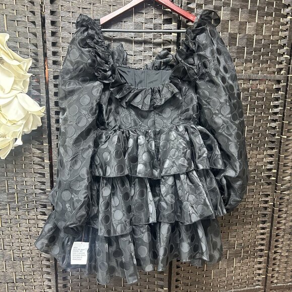 ASOS Luxe Black Square Neck Tiered Polka Dot Fit & Flare Dress Size US 10 NWOT - Picture 9 of 10